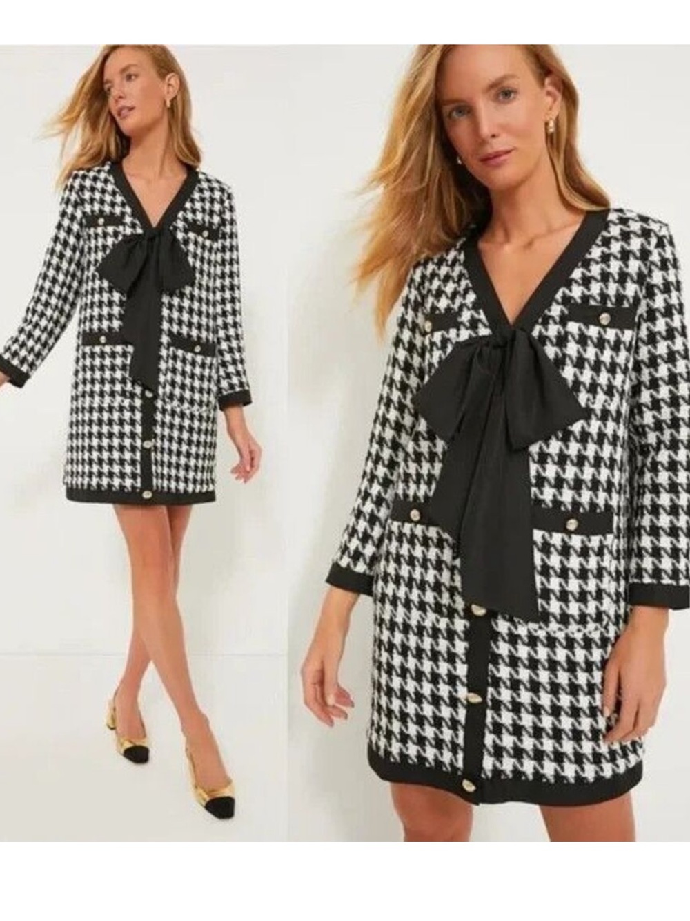 Tuckernuck Pomander PlaceNEW Coco Houndstooth tweed dress Black White Large L *